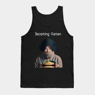 Becoming Ramen No. 2 -- Asian woman eating a bowl of ramen noodles wearing a stylish avant-garde hat  on a Dark Background Tank Top